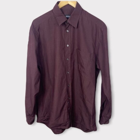 Hugo Boss Burgundy Wine Dress Shirt Purple‎ Size 41 or 16 Mens Button Up Maroon - Picture 1 of 10